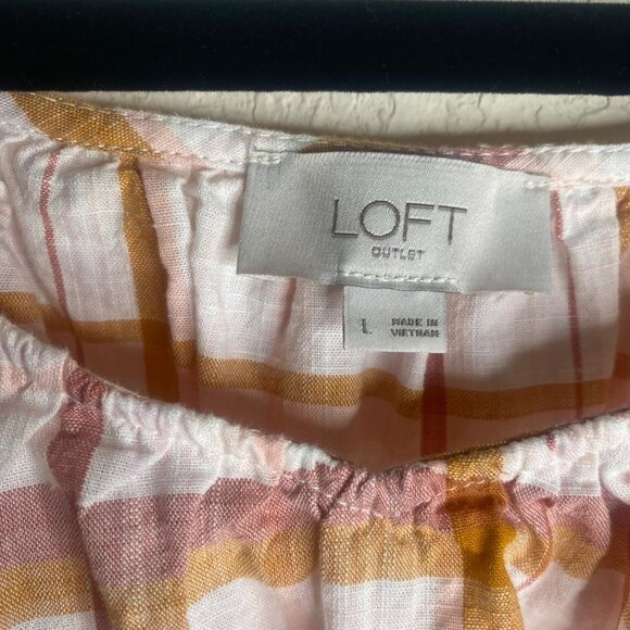 Loft Outlet Off-Shoulder Top Womens Size M Pink & Yellow Plaid Cotton Lightweigh - Picture 2 of 8